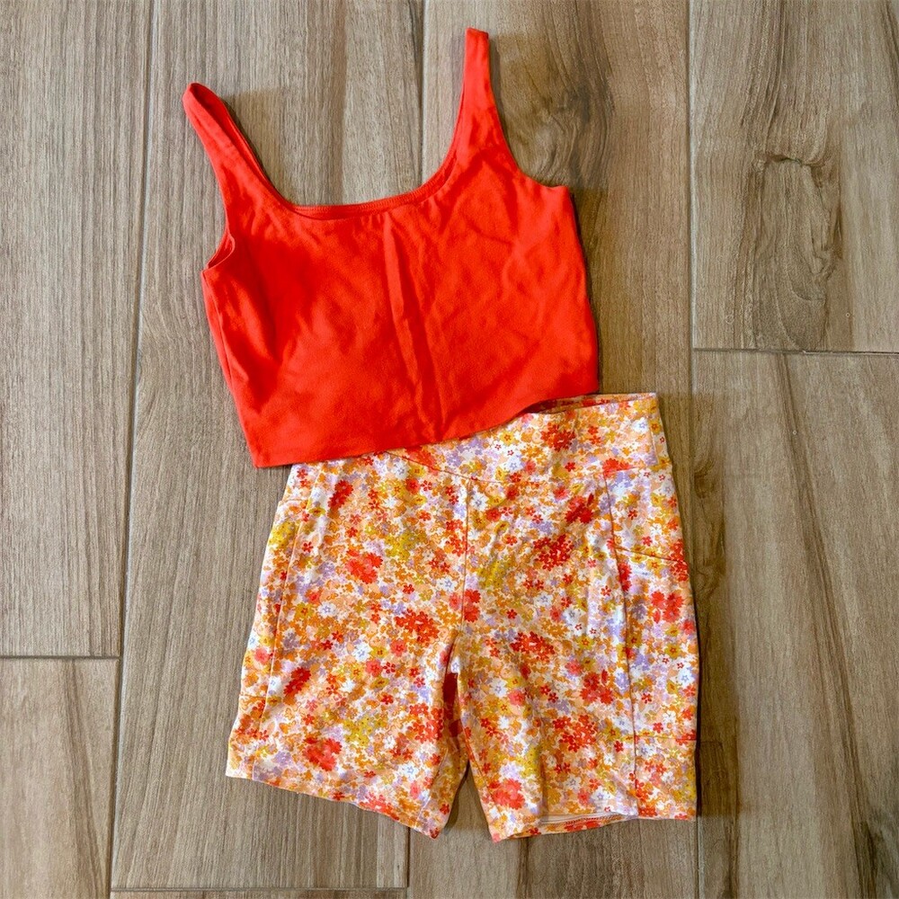 Art Class Girls 2pc Outfit Set L (10/12) Orange Crop Tank & Floral Shorts